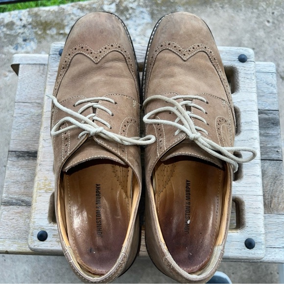EUC Johnston & Murphy Men's Tan Sheepskin Suede Wingtip Oxford Sz 12M 20-3260 - Picture 10 of 13